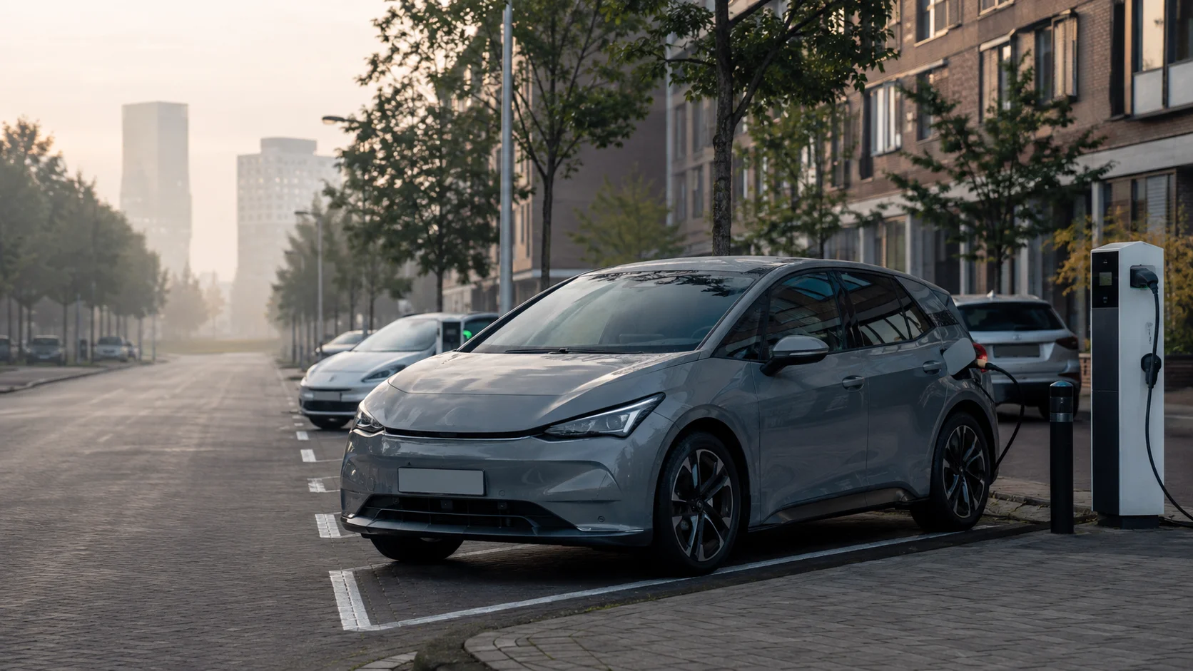 Elektrische auto bij een openbare laadpaal in een Nederlandse woonomgeving.