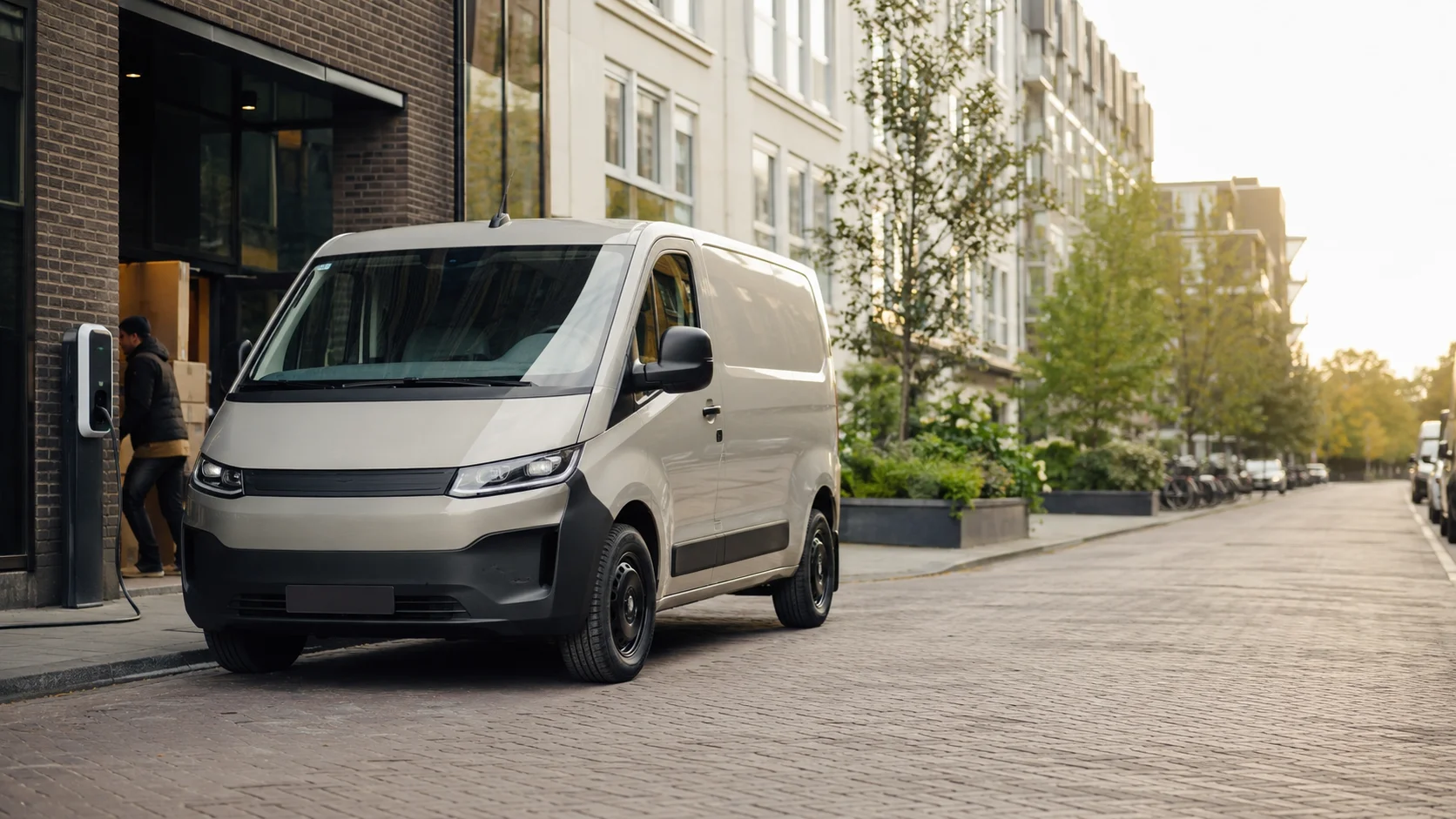 Elektrische bestelauto tijdens een zakelijke bezorgrit in een Nederlandse stad.